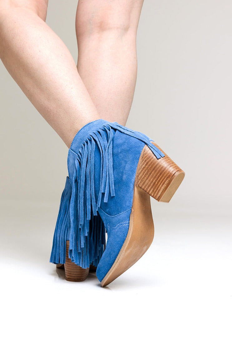 Amos Fringe Ankle Bootie in Blue Suede