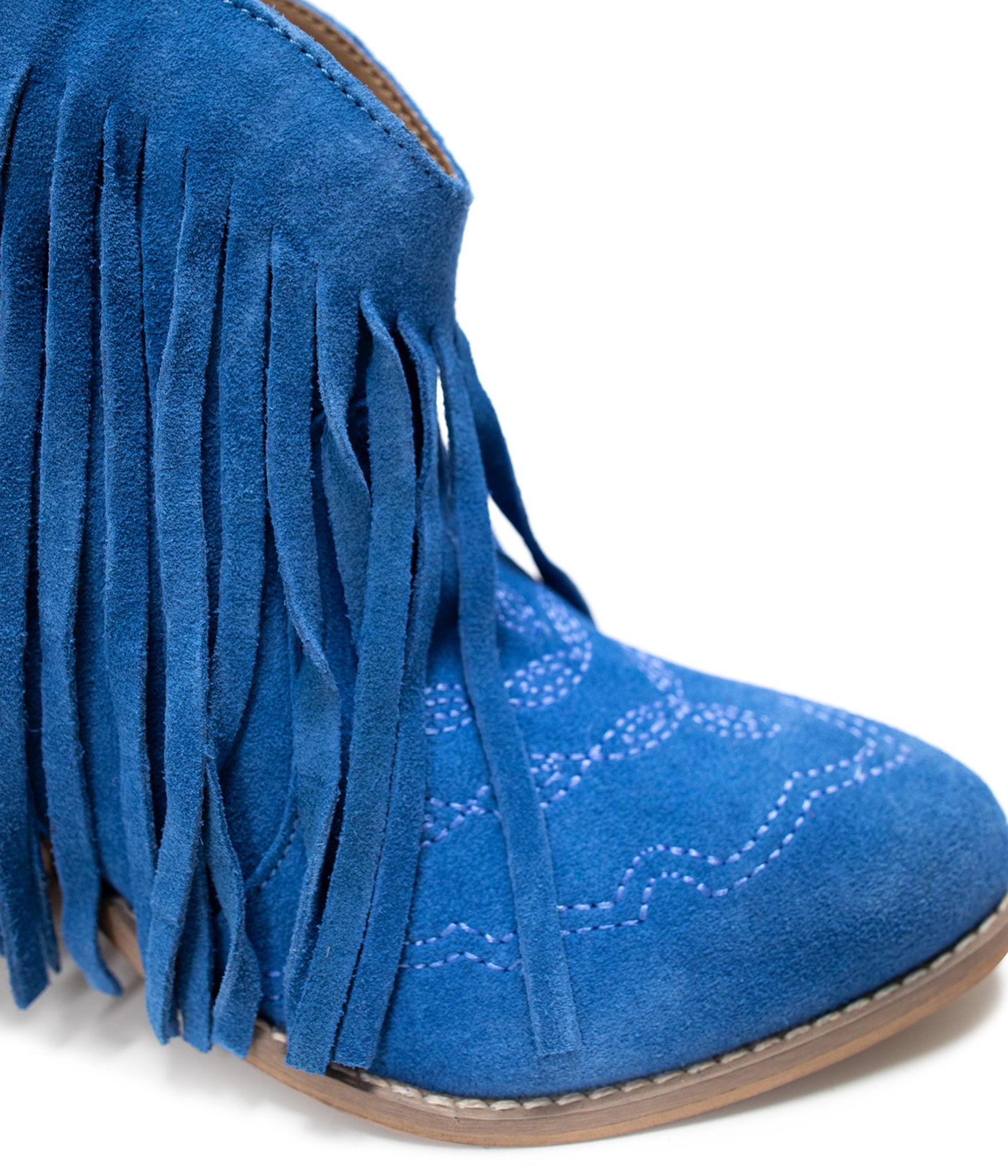 Amos Fringe Ankle Bootie in Blue Suede